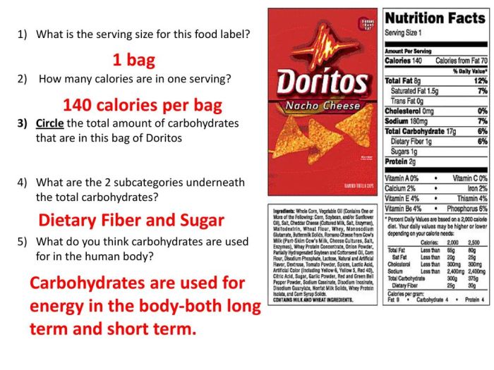 Nutrition label worksheet answer key doritos